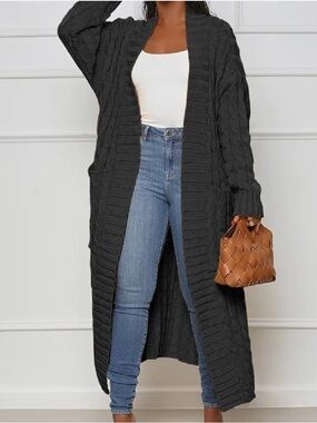 Fashion Nova Long Open-Front Cable Knit Cardigan - Black